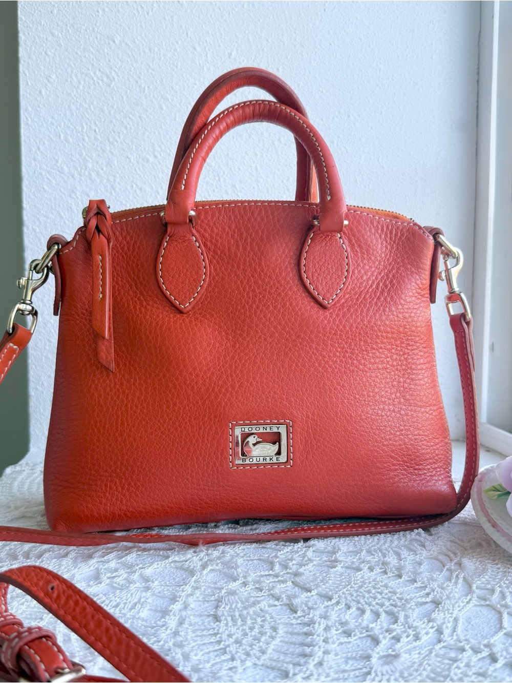 Vintage Y2K Dooney & Bourke Orange Pebbled Leather Mini Satchel Crossbody Bag